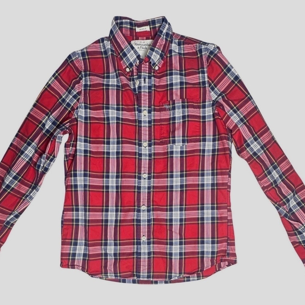 Abercrombie Fitch Mens Muscle Fit Red Plaid Button Down Shirt Moose L Prep Y2K